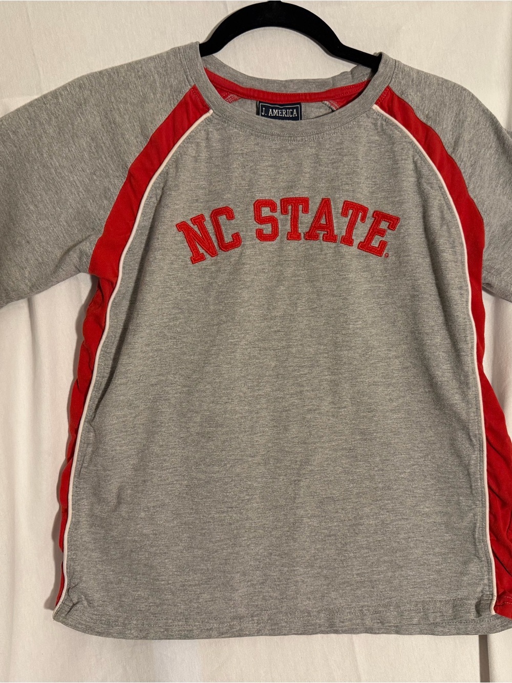 #399 J. America Kids' NC State Grey & Red Raglan Shirt
